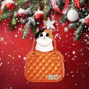 Cat Peeking Through A Tiny Purse Ornament, Personalized Shape Ornaments, Family Gifts, Christmas Ornament