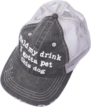 Hold My Drink I Gotta Pet This Dog Embroidered Distressed Trucker Cap Black