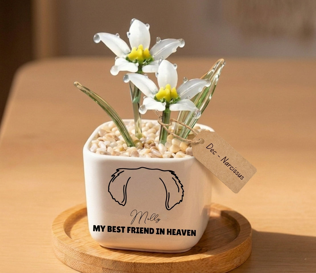 Personalized Dog Loss Gifts, "Best Friend In Heaven" Planter, Pet Memorial, Custom Design & Birth Month Flower