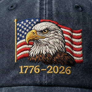 Eagle And American flag "1776–2026" Washed Baseball Cap, Faux Embroidery, Printed Vintage Cotton Twill