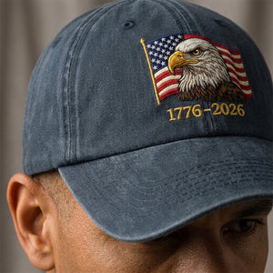 Eagle And American flag "1776–2026" Washed Baseball Cap, Faux Embroidery, Printed Vintage Cotton Twill