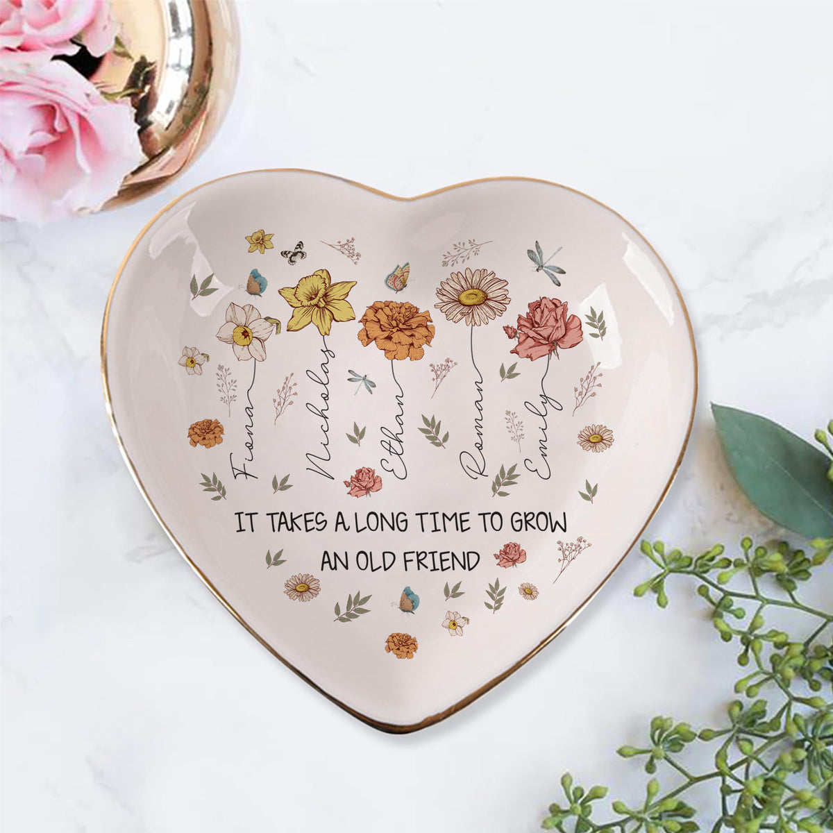 Personalized Mom Birth Flower Trinket Tray, Custom Kids Names Jewelry Dish, Ceramic Ring Holder, Gift for Mom