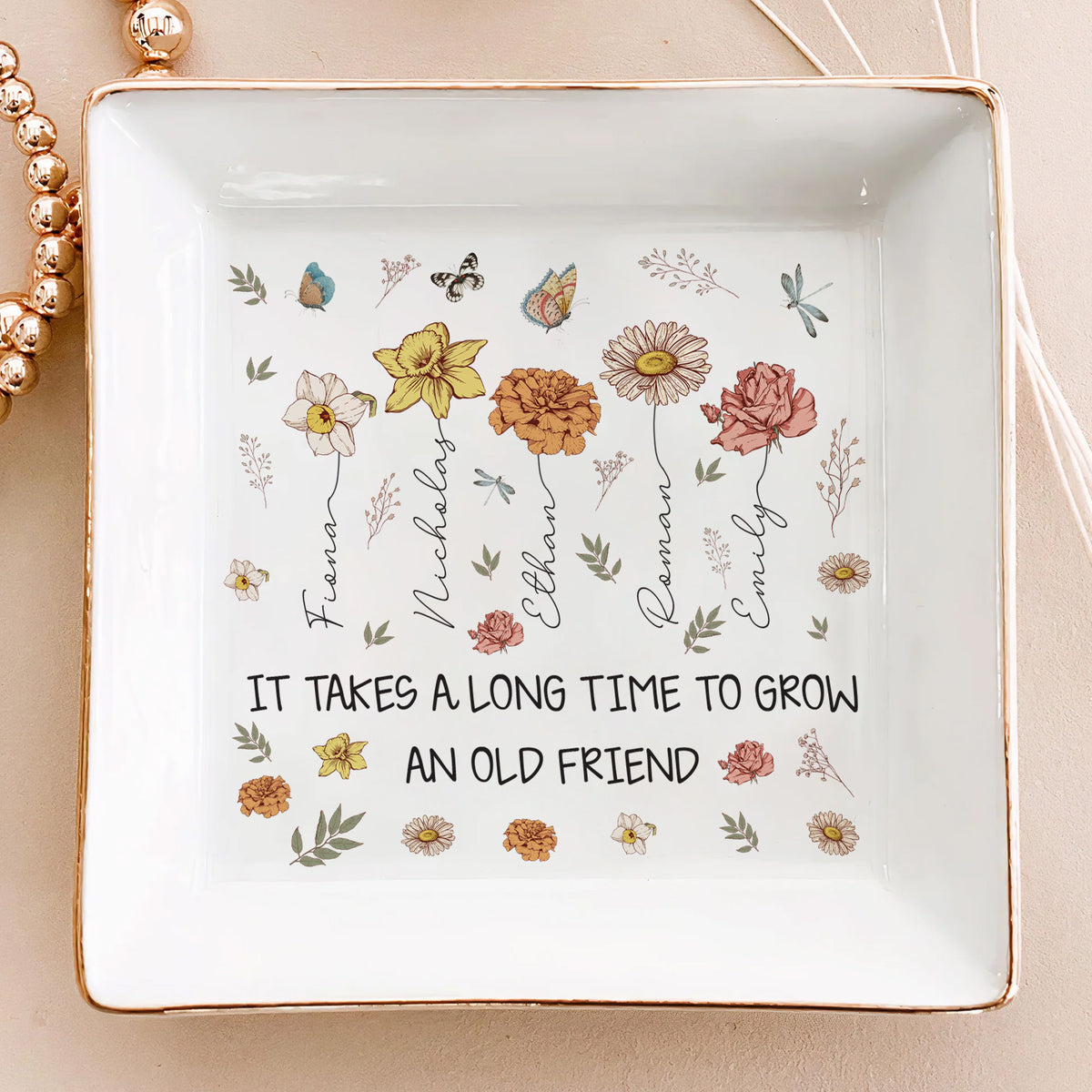 Personalized Mom Birth Flower Trinket Tray, Custom Kids Names Jewelry Dish, Ceramic Ring Holder, Gift for Mom
