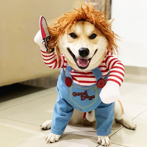 Deadly Doll Dog Costume, Knife-Wielding Canine Cosplay Outfit Dog Halloween Costume, Pet Accessories