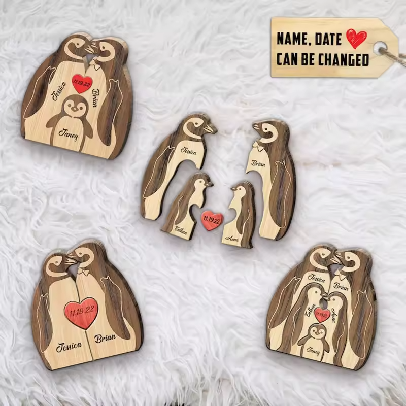 Personalized Custom Penguin Family Wooden Puzzle DIY Engraving Name Sculpture Home Decor