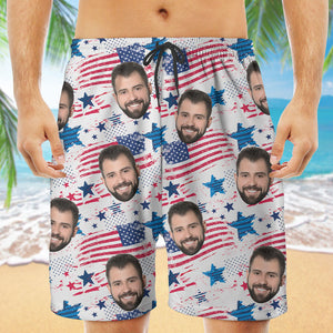 Custom Face American Flag Hawaiian Pattern, Personalized Beach Shorts, Custom Photo