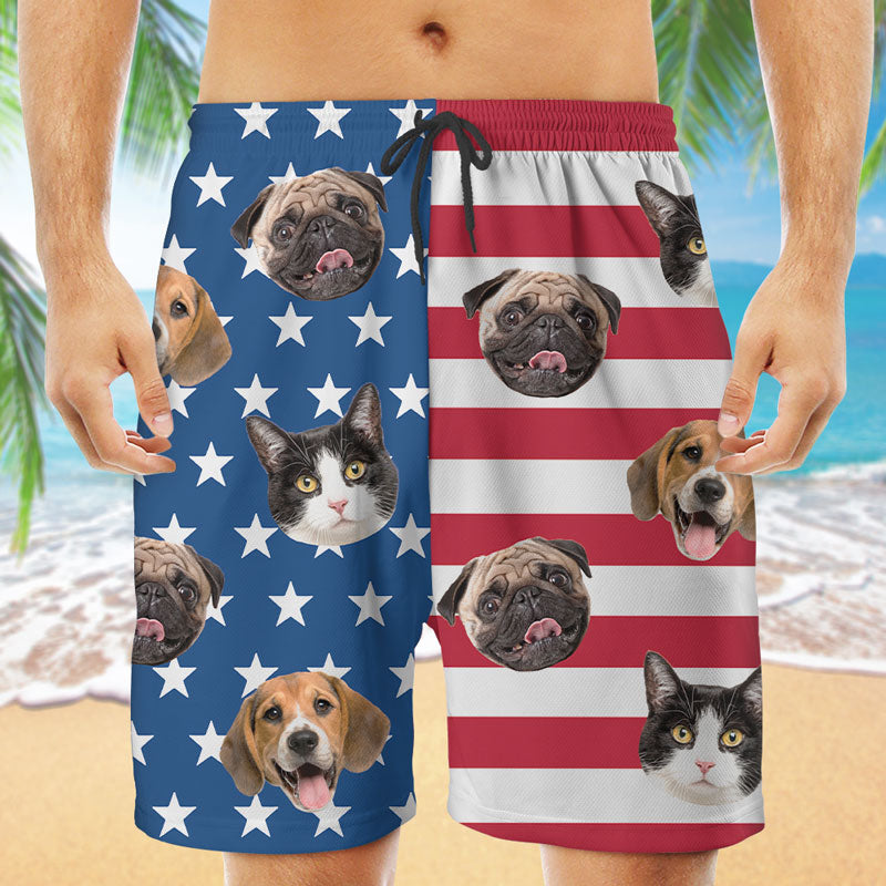 Pet Face American Flag Hawaiian Pattern, Personalized Beach Shorts, Gifts For Pet Lovers, Custom Photo
