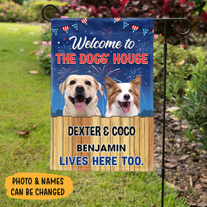 Welcome To The Dog's House Fireworks Version, Personalized Garden Flags With Custom Photo, Gifts For Dog Lovers