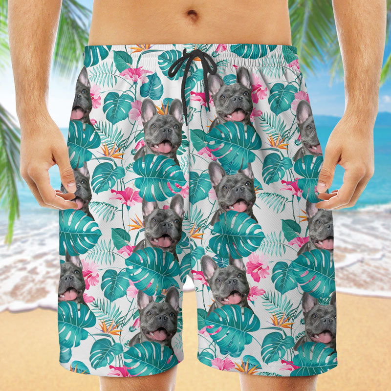 Pet Face Tropical Leaf Hawaiian Pattern, Personalized Beach Shorts, Gifts For Pet Lovers, Custom Photo