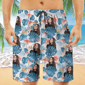 Custom Face Tropical Leaf Hawaiian Pattern, Personalized Beach Shorts, Custom Photo