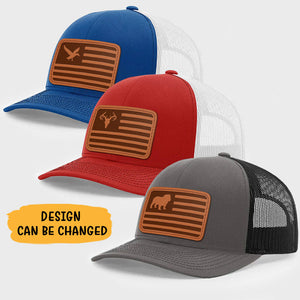 American Flag Hat, Personalized Trucker Leather Patch Hat, Hunting Hat, Gift For Dad