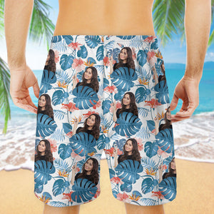 Custom Face Tropical Leaf Hawaiian Pattern, Personalized Beach Shorts, Custom Photo