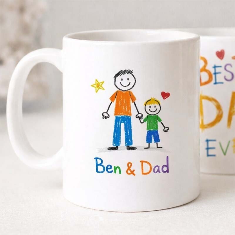 Personalized Best Dad Ever Mug, Kids Drawing Style Coffee Mug, Custom Family Name Mug, Father’s Day Gift for Dad from Kids