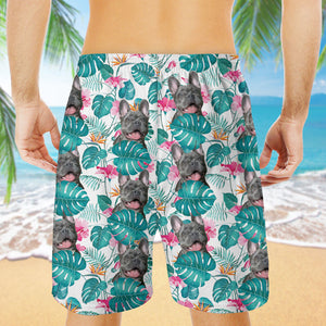 Pet Face Tropical Leaf Hawaiian Pattern, Personalized Beach Shorts, Gifts For Pet Lovers, Custom Photo