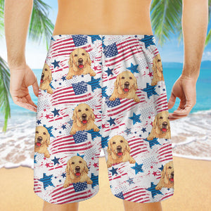 Custom Peeking Dog American Flag Hawaiian Pattern, Personalized Beach Shorts, Gifts For Dog Lovers
