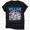 A custom printed black t-shirt with text and imagery featuring multiple people in a casual setting.