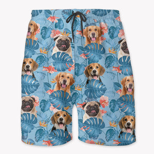 Pet Face Tropical Leaf Hawaiian Pattern, Personalized Beach Shorts, Gifts For Pet Lovers, Custom Photo