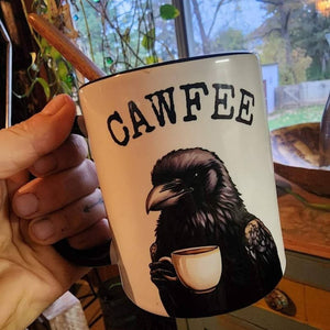 Cawfee Mug, Funny Crow Mug, Adorable Crow Drinking Coffee, Gift for Bird and Coffee Lovers