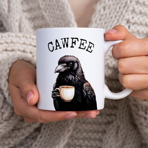 Cawfee Mug, Funny Crow Mug, Adorable Crow Drinking Coffee, Gift for Bird and Coffee Lovers