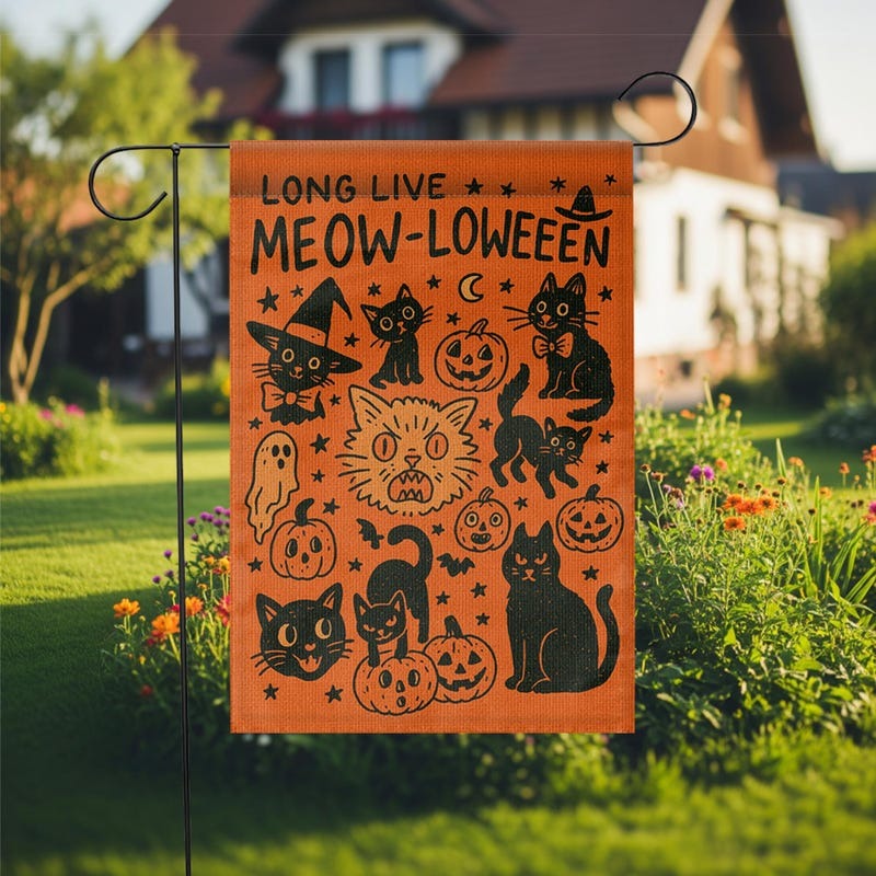 Meowloween Garden Flag, Halloween Cat Yard Flag, Cute Black Cat Outdoor Decor for Cat Mom Cat Dad, Funny Spooky Fall Porch Garden Decoration
