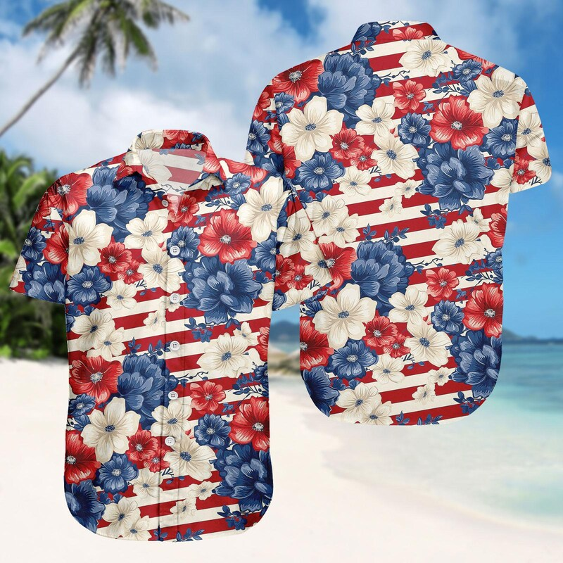 Patriotic US Flag Floral Hawaiian Shirt, USA Aloha Button Shirt, 4th Of July Gifts
