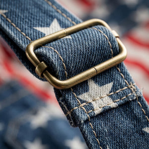 Custom American-Flag Denim Short Overalls, Pop-Eyed Dog Graphic, Stars & Stripes Panels, Brass Hardware, July 4th, 250 Years Of America