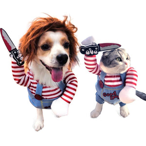 Deadly Doll Dog Costume, Knife-Wielding Canine Cosplay Outfit Dog Halloween Costume, Pet Accessories