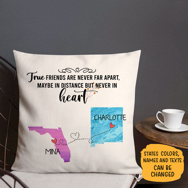 True Friends Long Distance, Personalized State Colors Pillow, Custom Best Friend Gift