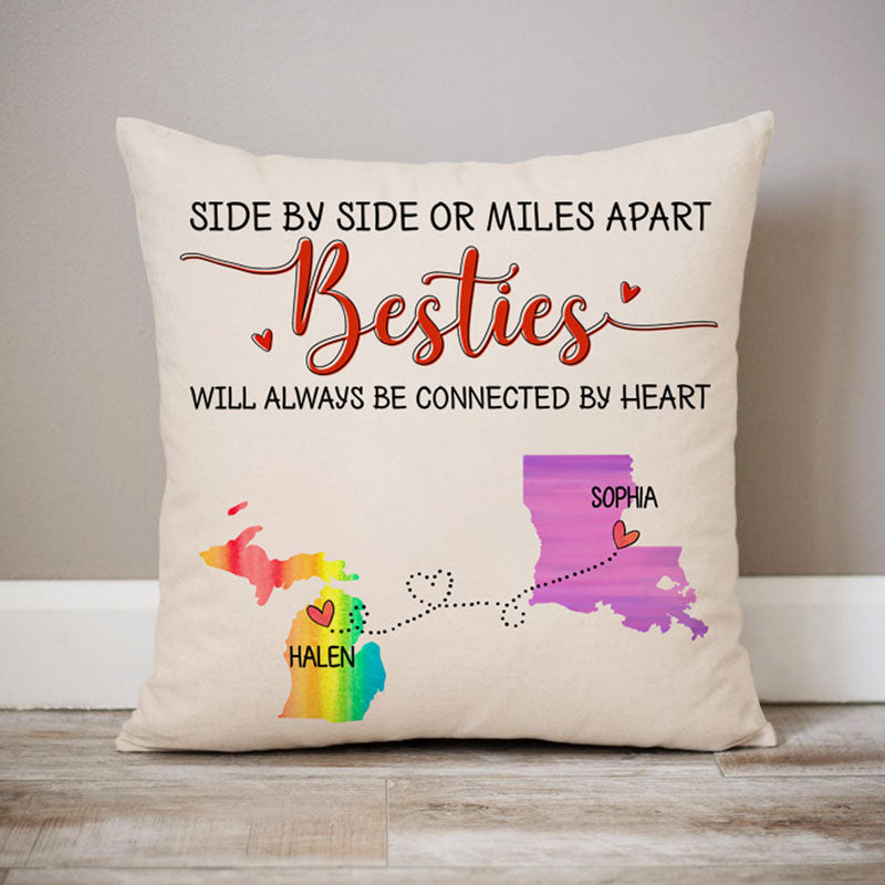 Besties will always be connected by heart Long Distance, Personalized State Colors Pillow, Custom Moving Gift
