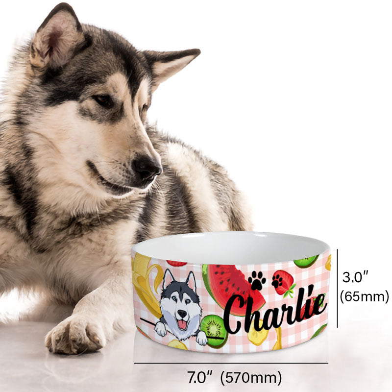 Personalized Dog Bowls, Custom Cute Dog Food and Water Bowl with Name, Ceramic Tropical Fruits, PersonalFury