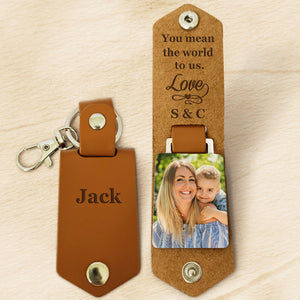 You Mean The World, Personalized Leather Keychain, Custom Gift For Mom Dad, Custom Photo