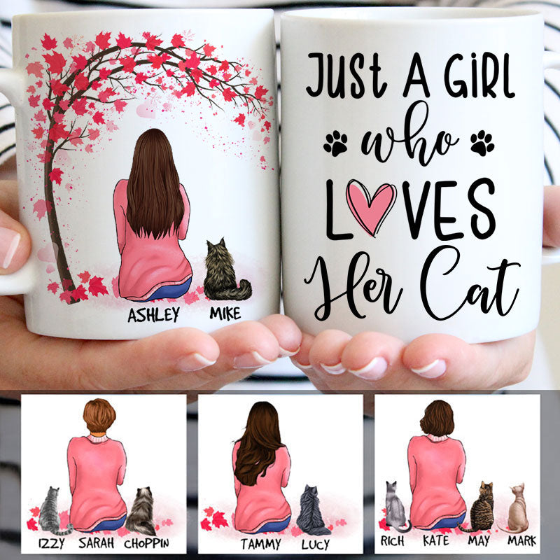 Just A Girl Who Loves Her Cat, Red Tree, Personalized Mugs, Custom Gifts for Cat Lovers