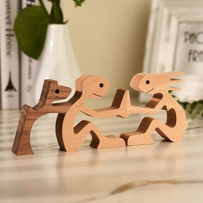 A Couple With Black Dog Wood Sculpture