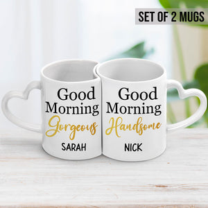 Good Morning Handsome, Good Morning Gorgeous, Personalized Heart Shaped Mug Set, Valentine's Day Gift Box