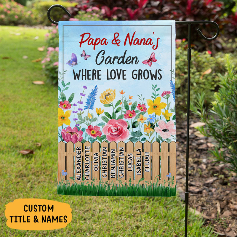 Grandma and Grandpa's Garden Where Love Grows, Custom Flags, Personalized Decorative Garden Flags