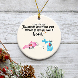 True Friends Long Distance, Personalized State Colors Circle Ornaments, Custom Best Friends Gift