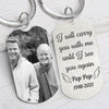 Two stainless steel keychains, one with a black and white photo of a smiling man and woman, and the other with an engraved message and the name 'Pop Pop' along with dates.