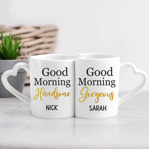 Good Morning Handsome, Good Morning Gorgeous, Personalized Heart Shaped Mug Set, Valentine's Day Gift Box