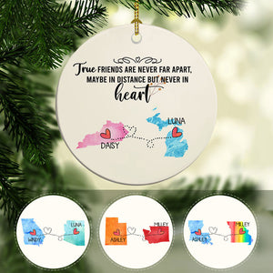 True Friends Long Distance, Personalized State Colors Circle Ornaments, Custom Best Friends Gift