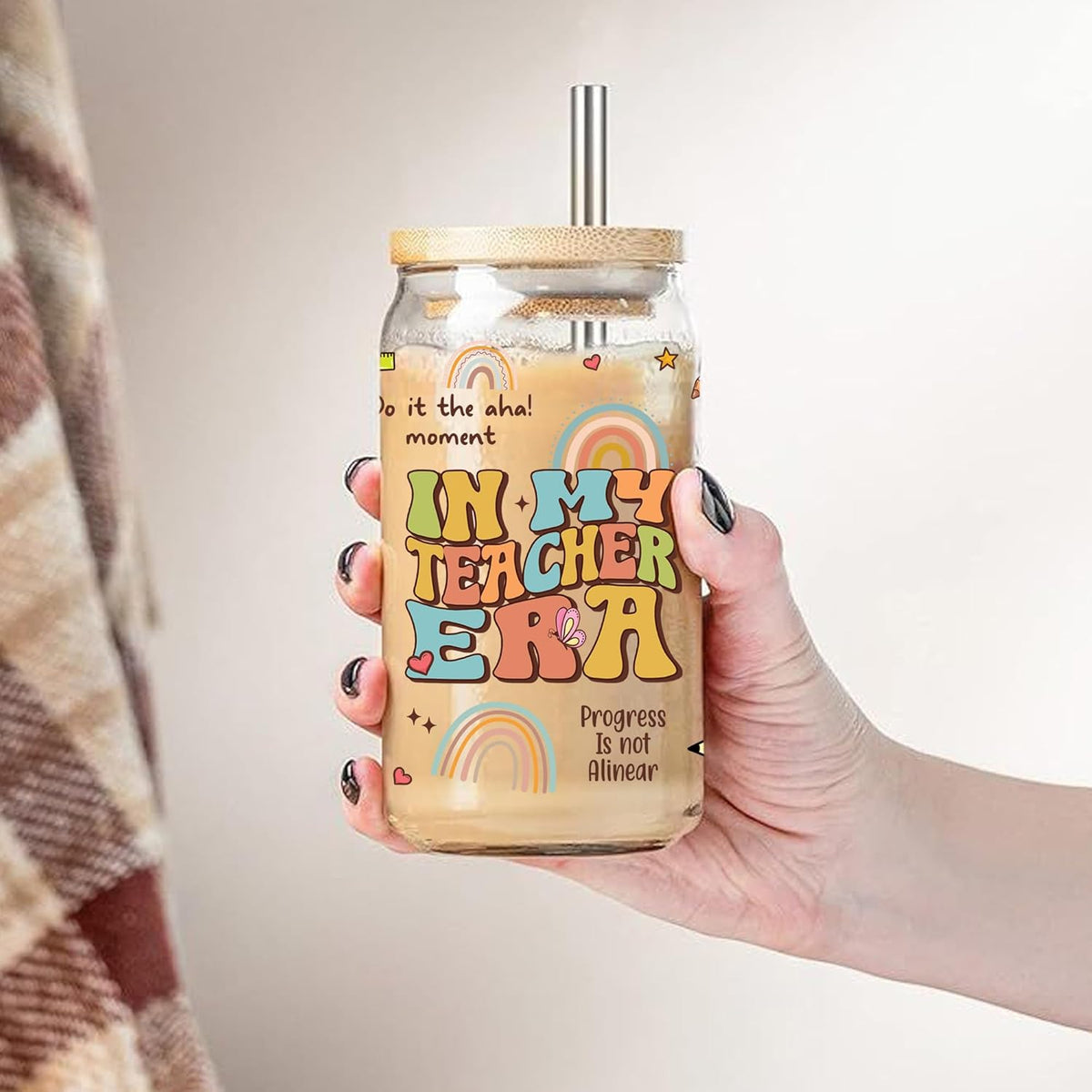 In My Teacher Era 16 Oz Iced Coffee Glass Cup, Personalized Glass Cup