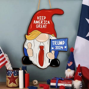 Idependence Day Gnome - Wooden Sign,4Th of July Front Door Sign Decorations, Patriotic Door Wreath Memorial Day Door Decor,Make America Great Red White Blue Welcome Sign for Front Door