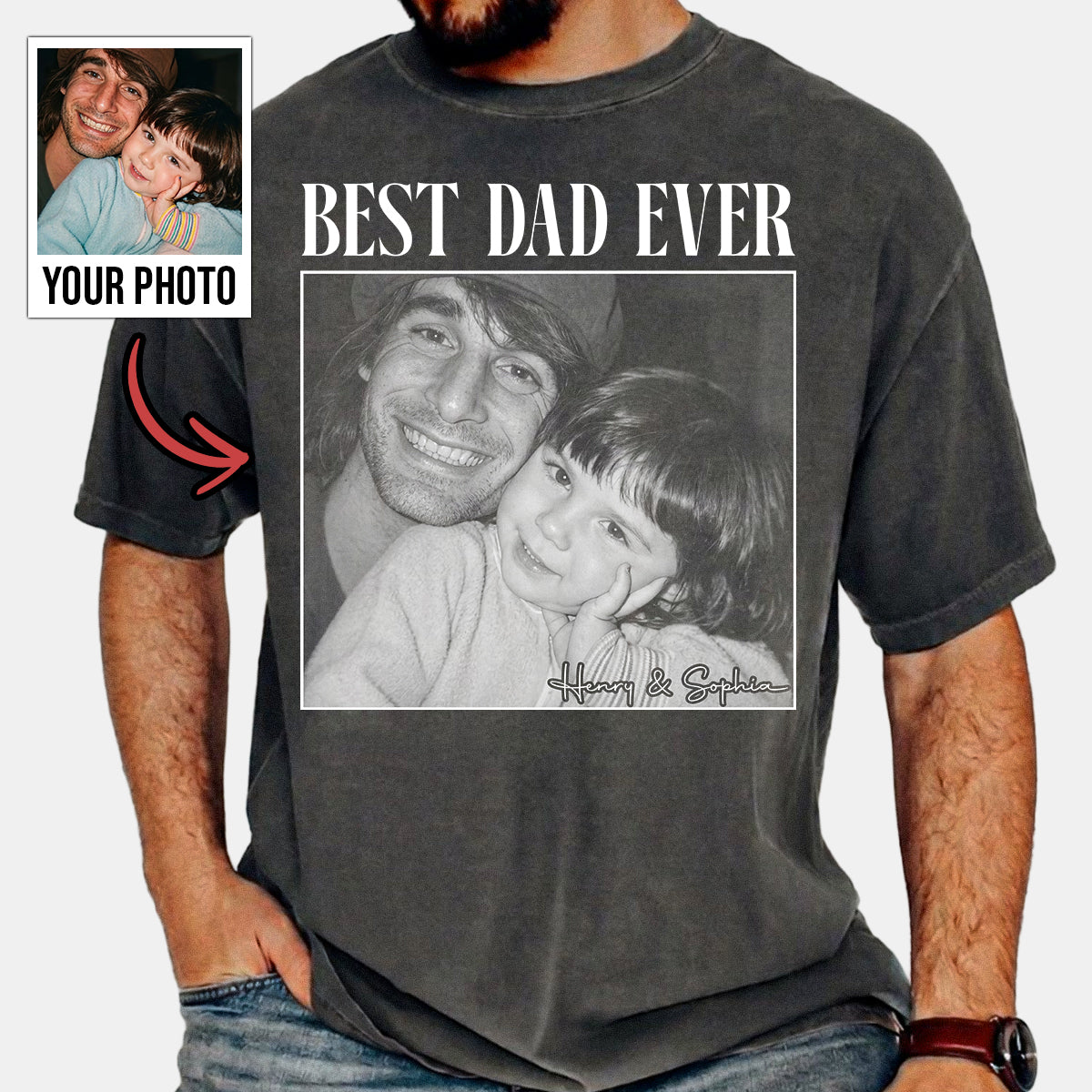 Best Dad Ever Vintage Style Custom Photo Shirt, Washed Tee