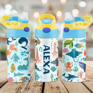 Animal World Background Bottle, Personalized Water Bottle With Straw, Back To School Gift For Kid