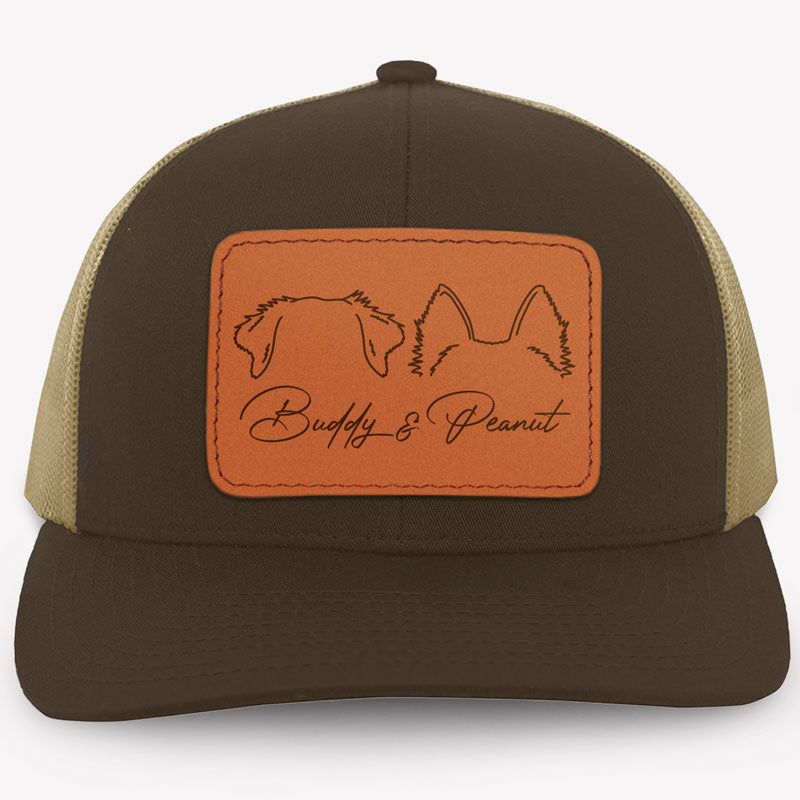 Dog Ears Outline Drawing, Personalized Trucker Leather Patch Hat, Custom Photo