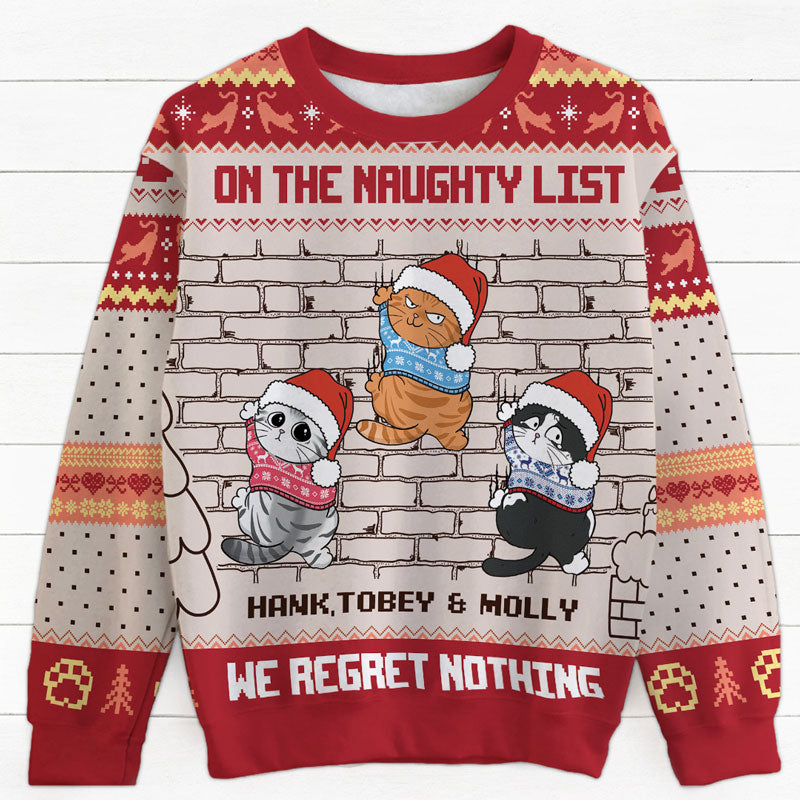 On The Naughty List We Regret Nothing, Personalized All-Over-Print Sweater, Kid Sweatshirt, Ugly Sweater, Gift For Cat Lovers