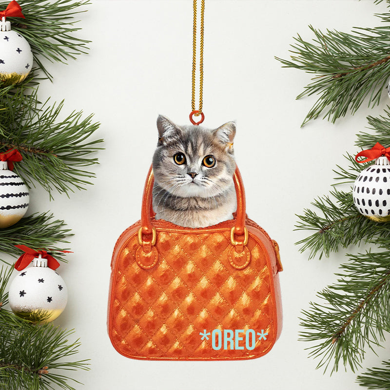 Cat Peeking Through A Tiny Purse Ornament, Personalized Shape Ornaments, Family Gifts, Christmas Ornament