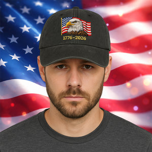 Patriotic Bald Eagle 1776-2026 Faux Embroidery Print Printed Vintage Cotton Washed Cap