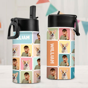 A personalized stainless steel water bottle with a straw, featuring a colorful geometric pattern with photos and the name 'Aylah'.