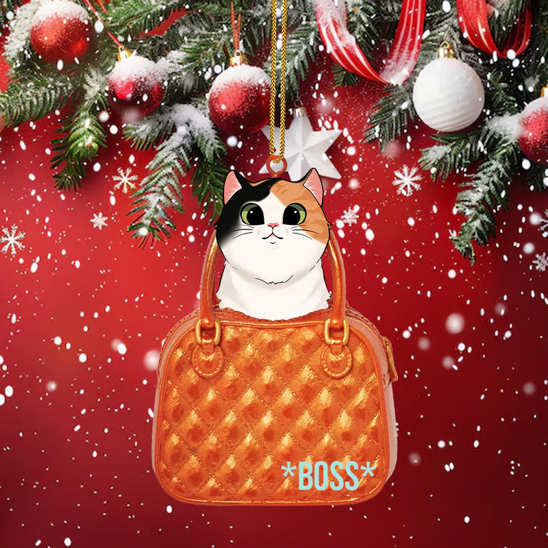 Cat Peeking Through A Tiny Purse Ornament, Personalized Shape Ornaments, Family Gifts, Christmas Ornament