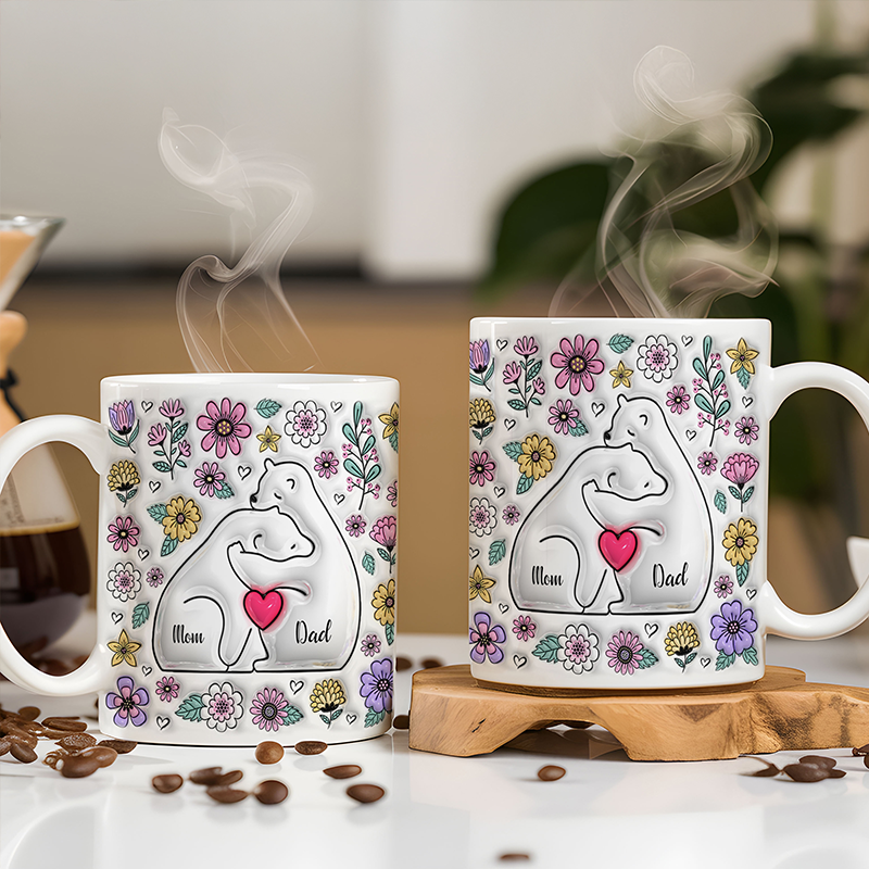 Personalized Bear Family Mug, 3D Inflated Effect, Custom Bear Coffee Mug, Family Names Mug, Gift for Mom Dad, Up to 5 Kids